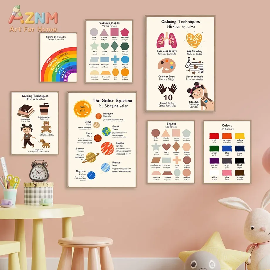Kids Education Charts - AZNM Tableau éducatif bilingue espagnol-anglais pour